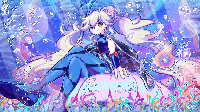 1girl, ascot, blue_pantyhose, bracelet, breasts, bubble, closed_mouth, coral