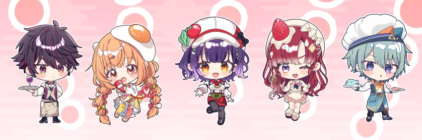 2boys, 3girls, :d, :o, ;d, absurdres, alcohol, apron