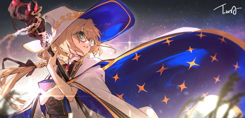 absurdres, aesc_(fate), aesc_(rain_witch)_(fate), artist_name, blonde_hair, braid, fate/grand_order, fate_(series), glasses, green_eyes, hair_between_eyes, hat, highres, holding, holding_staff, ikka_(theworl35753194), solo, staff, star_(symbol), witch, witch_hat