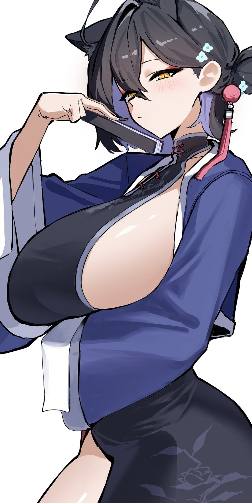 1girl, absurdres, animal_ears, black_dress, black_hair, blue_archive, blue_jacket, blush