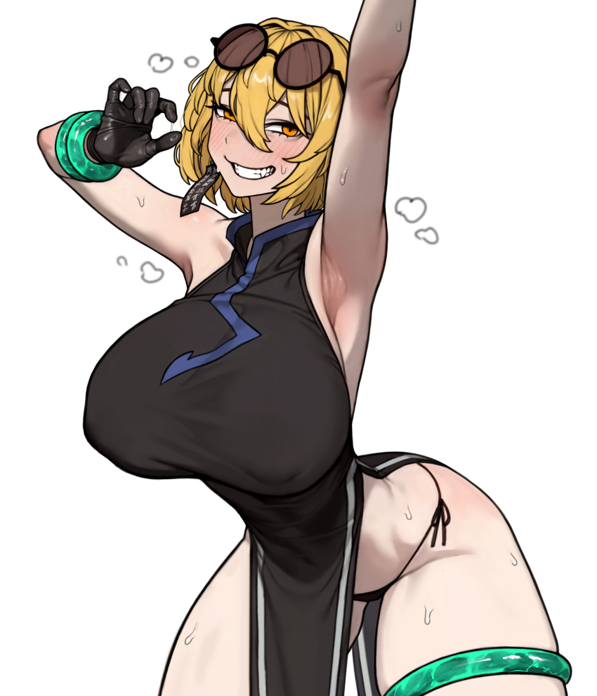 1girl, absurdres, alternate_breast_size_(larger), armpit_focus, armpits, arms_up, bare_shoulders, black_coat, black_dress, black_gloves, black_panties, blonde_hair, bracelet, breasts, china_dress, chinese_clothes, cinq_association_east_uniform, coat, coat_on_shoulders, don_quixote_(project_moon), dress, earrings, fang, fellatio_gesture, gloves, grin, highres, huge_breasts, jewelry, limbus_company, looking_at_viewer, open_mouth, panties, partially_opaque_sunglasses, project_moon, round_eyewear, short_hair, simple_background, single_earring, sleeveless, slit_pupils, smile, solo, steaming_body, sunglasses, sweat, teeth, underwear, very_sweaty, waste22, white_background, yellow_eyes