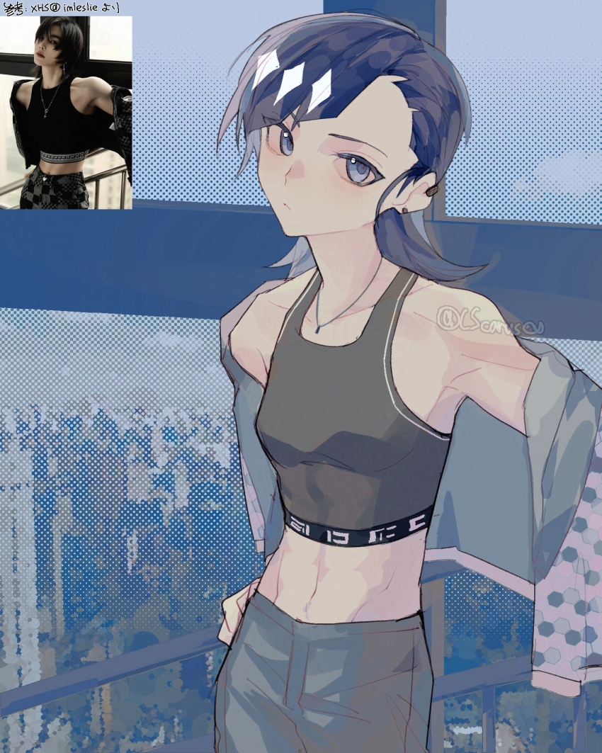 1girl, abs, black_eyes, black_hair, black_pants, cityscape, cscarus, highres, jacket, jewelry, medalist_(manga), midriff, necklace, off_shoulder, okazaki_iruka, pants, photo-referenced, reference_inset, solo, undershirt, xiaohongshu_id