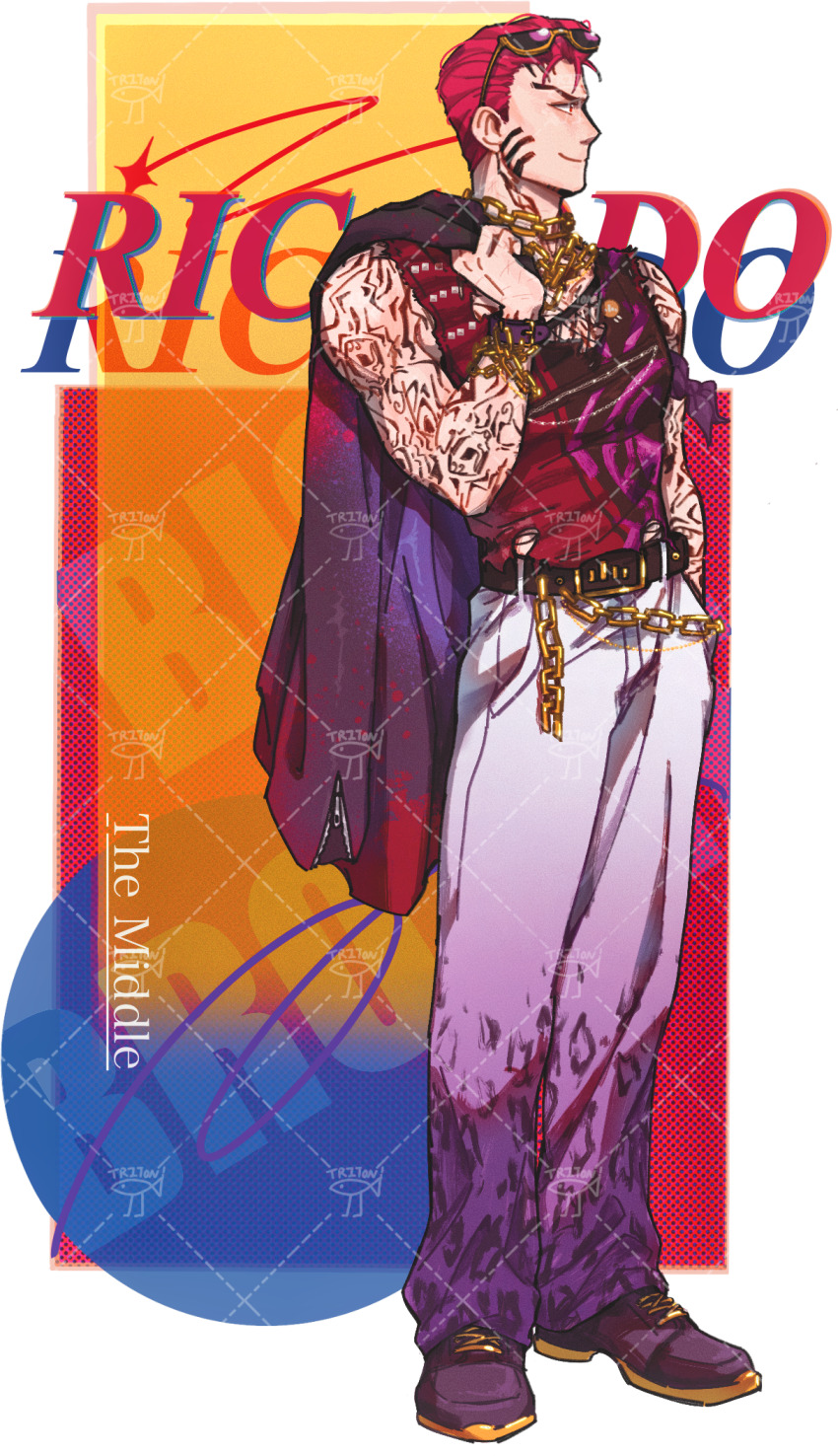 1boy, arm_tattoo, belt, wallet_chain, black_belt, black_jacket, black_shoes, blackfish