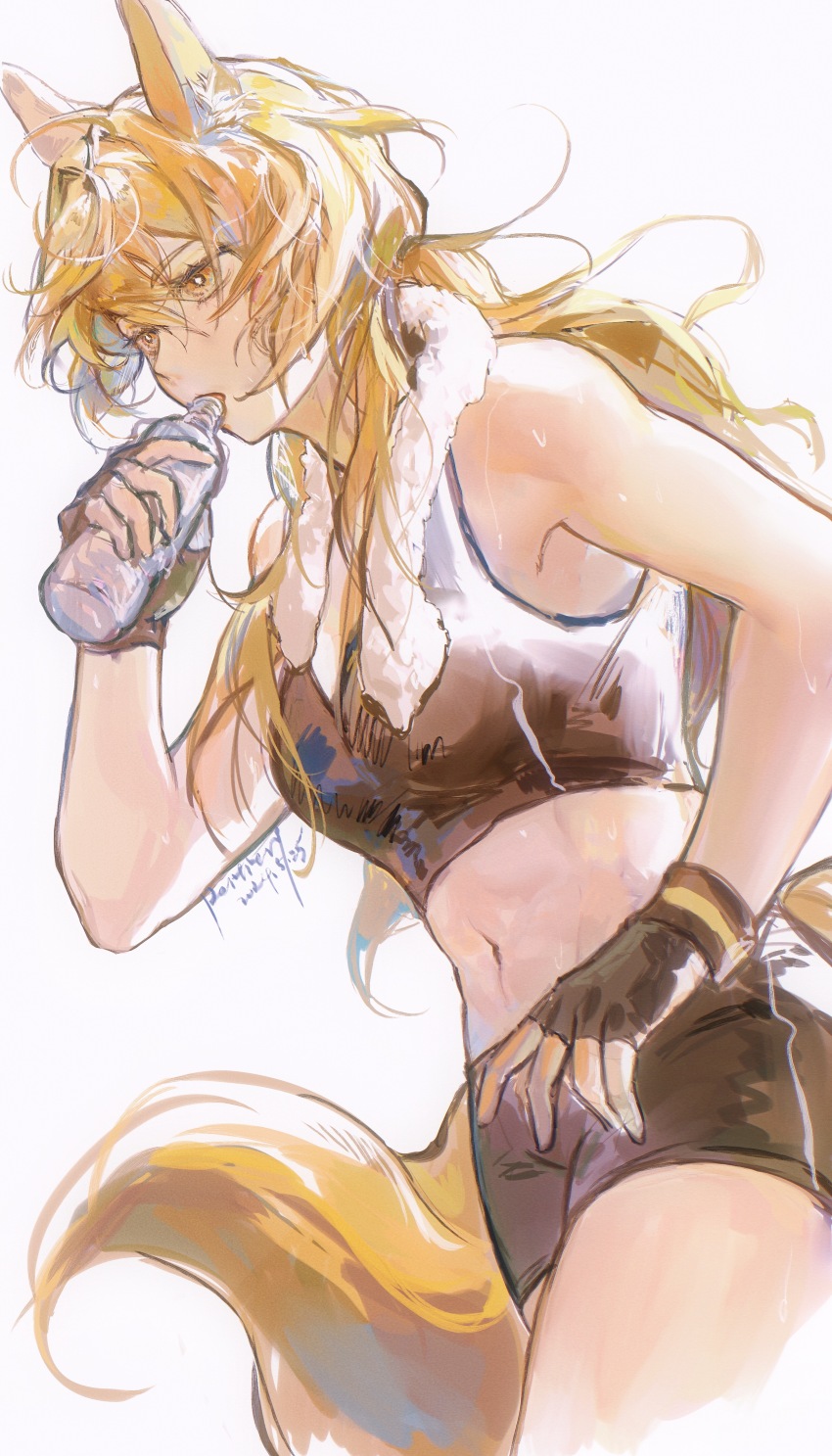 1girl, absurdres, animal_ears, arknights, black_gloves, black_shorts, black_sports_bra, bottle