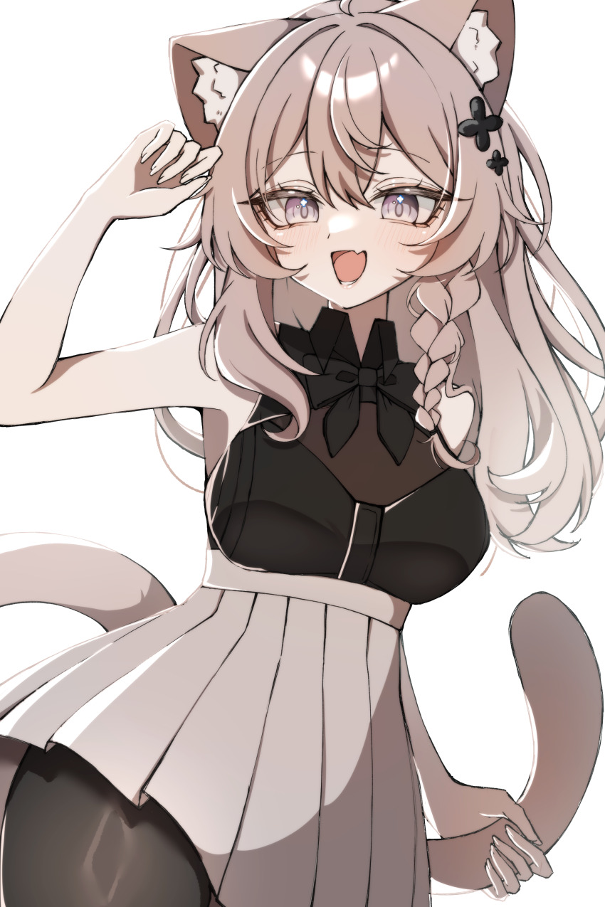 1girl, absurdres, animal_ear_fluff, animal_ears, black_bow, black_pantyhose, black_shirt, bow