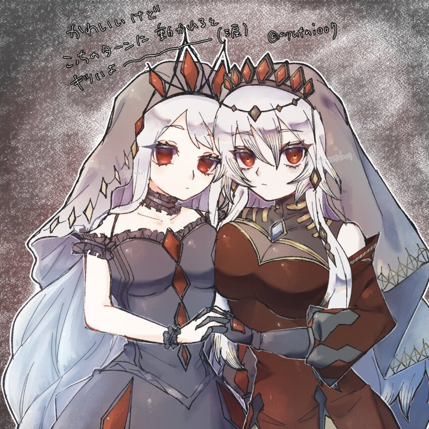 2girls, asymmetrical_docking, ayuthi007, black_dress, blazing_cartesia_the_virtuous, breast_press, breasts, cleavage