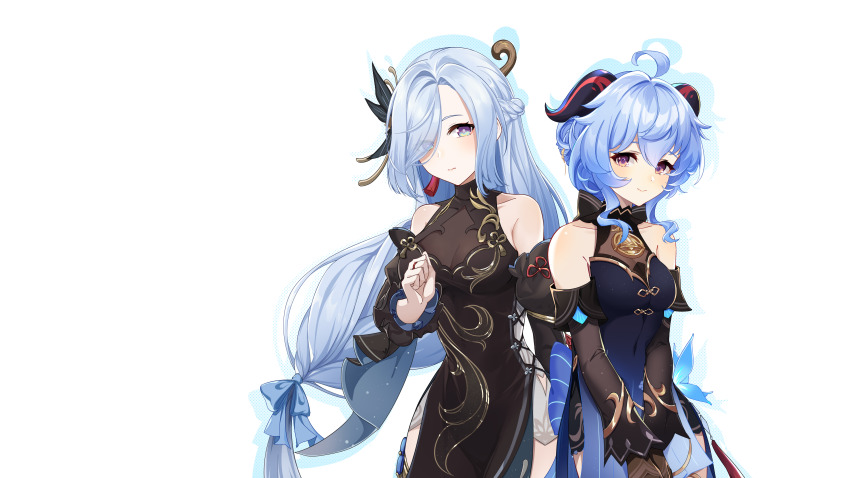 2girls, absurdres, ahoge, ai_ke_le_de_xiao_hong, bare_shoulders, bell, black_dress, blue_dress