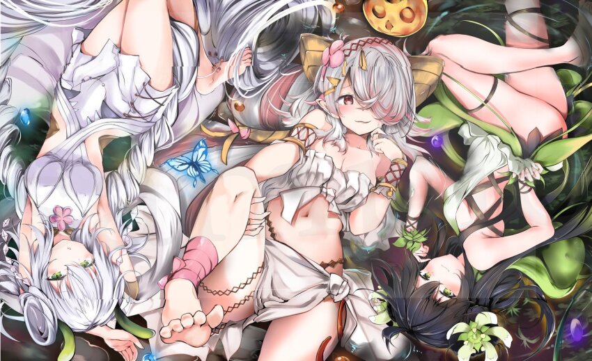 3girls, ahoge, ankle_ribbon, armpit_crease, armpits, arms_up, bare_shoulders, black_hair