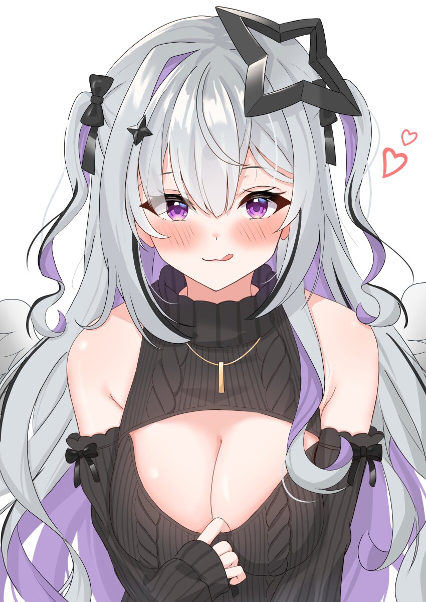 absurdres, akagawashake, amane_konata, bare_shoulders, black_sweater, breasts, cleavage, cleavage_cutout, clothing_cutout, grey_hair, halo, heart, highres, hololive, large_breasts, long_hair, purple_eyes, purple_hair, simple_background, star_halo, sweater, tongue, tongue_out, two_side_up, upper_body, very_long_hair, virgin_killer_sweater, virtual_youtuber, white_background