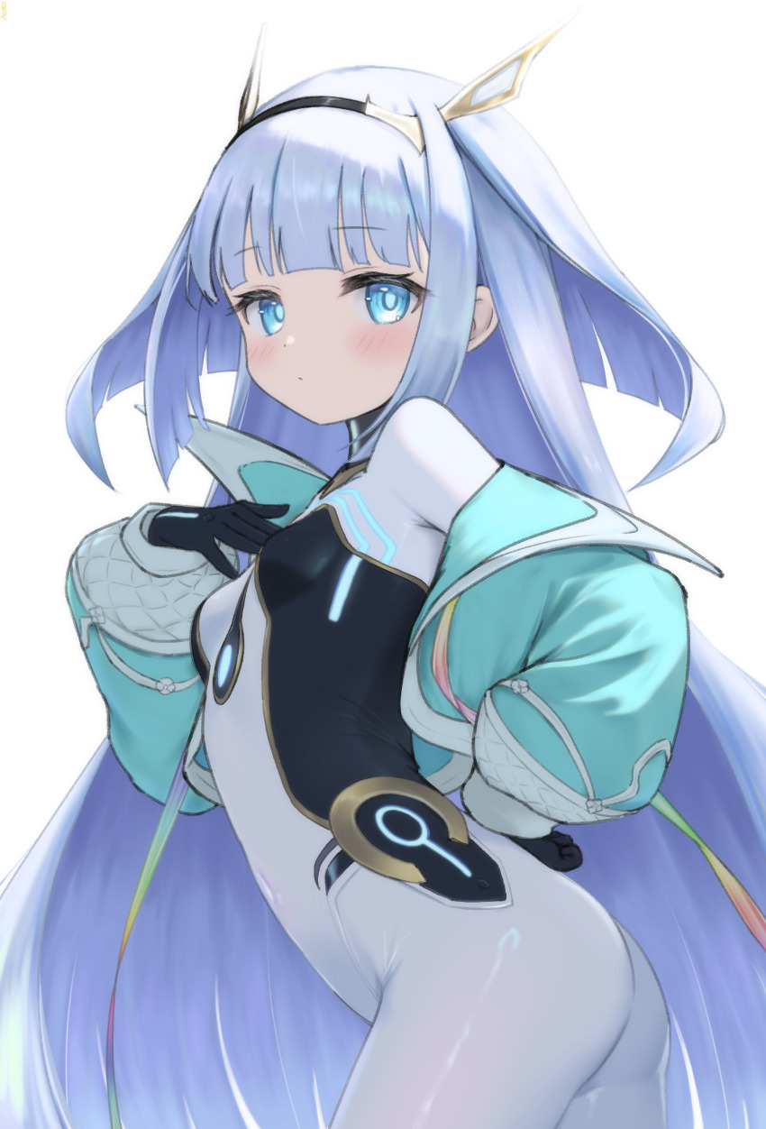 1girl, absurdres, ace_(shadowverse), ass, blue_eyes, blue_hair, blue_jacket, blunt_bangs