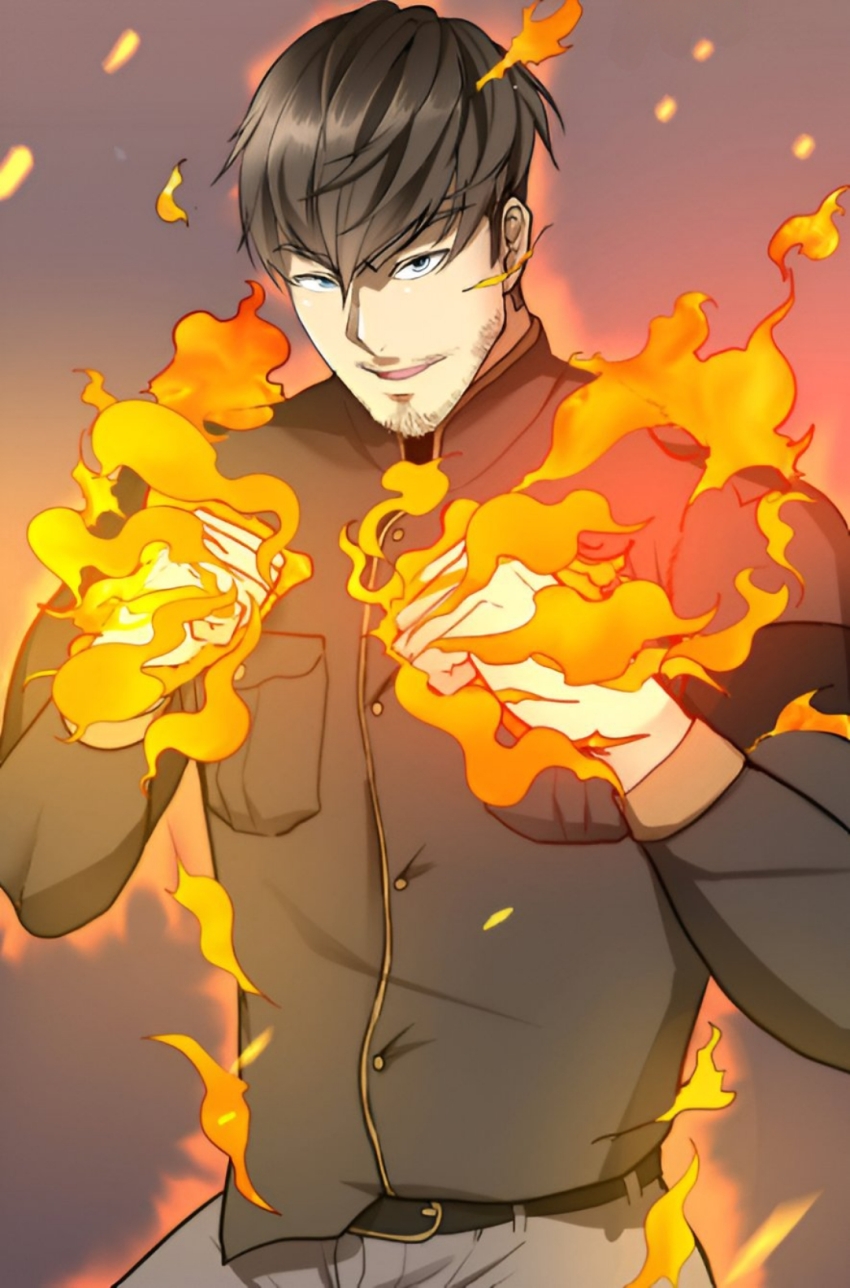 1boy, beard, belt, black_shirt, blue_eyes, brown_hair, burning_hands, facial_hair