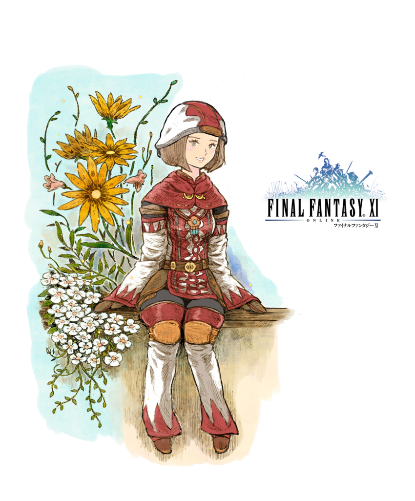 1girl, adventurer_(ff11), belt, black_pantyhose, brown_belt, brown_hair, brown_mittens, commentary