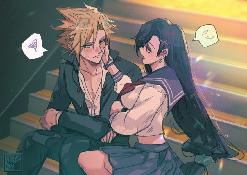 1boy, 1girl, averting_eyes, bandaid, bandaid_on_cheek, bandaid_on_face, black_hair, black_jacket