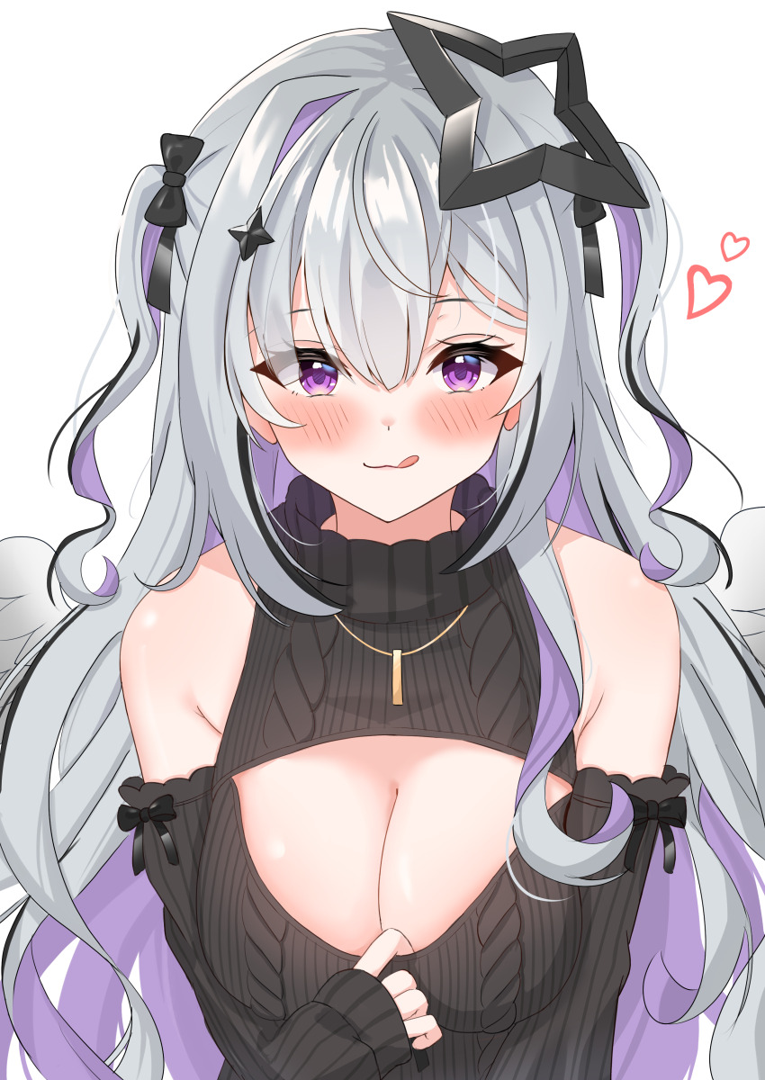 1girl, absurdres, akagawashake, amane_konata, angel, angel_wings, bare_shoulders, black_sweater, blush, breasts, cleavage, cleavage_cutout, clothing_cutout, grey_hair, halo, heart, highres, hololive, large_breasts, long_hair, purple_eyes, purple_hair, simple_background, star_halo, sweater, tongue, tongue_out, two_side_up, upper_body, very_long_hair, virgin_killer_sweater, virtual_youtuber, white_background, wings