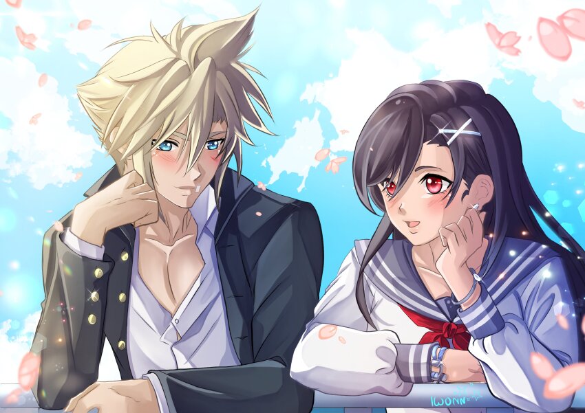 1boy, 1girl, absurdres, artist_name, bandaid, bandaid_on_cheek, bandaid_on_face, black_hair, black_jacket, blonde_hair, blue_eyes, blue_sailor_collar, blue_sky, blush, bracelet, buttons, cherry_blossoms, closed_mouth, cloud, cloud_strife, cloud_strife_(midgard_seventh_high_school), cloudy_sky, collarbone, commentary, couple, day, delinquent, earrings, elbow_rest, english_commentary, falling_petals, final_fantasy, final_fantasy_vii, final_fantasy_vii:_ever_crisis, gakuran, glint, hair_between_eyes, hair_ornament, hairclip, height_difference, highres, iwonn_(pixiv943160), jacket, jewelry, long_hair, long_sleeves, looking_at_another, looking_to_the_side, neckerchief, official_alternate_costume, open_clothes, open_jacket, open_mouth, outdoors, pectorals, petals, pink_petals, railing, red_eyes, red_neckerchief, sailor_collar, school_uniform, serafuku, shirt, short_hair, single_earring, sky, smile, spiked_hair, tifa_lockhart, tifa_lockhart_(midgard_seventh_high_school), upper_body, white_serafuku, white_shirt