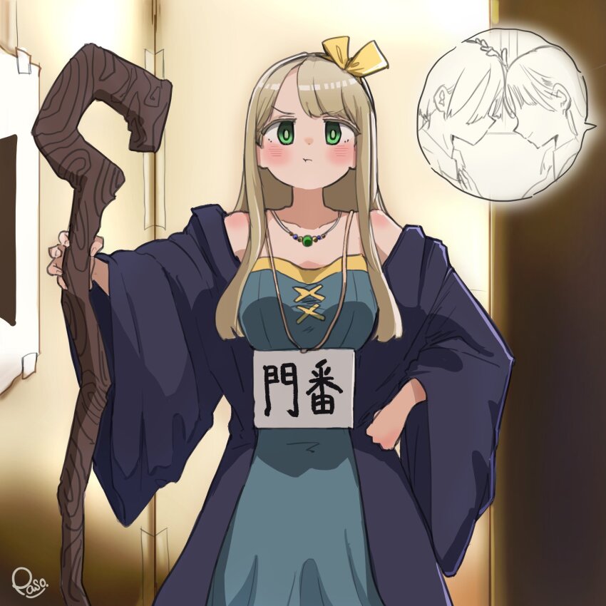 :t, artist_name, bare_shoulders, black_robe, blonde_hair, blue_dress, blush, boku_no_kokoro_no_yabai_yatsu