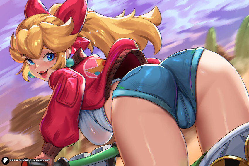 1girl, ass, blonde_hair, blue_shorts, blush, breasts, cameltoe, denim