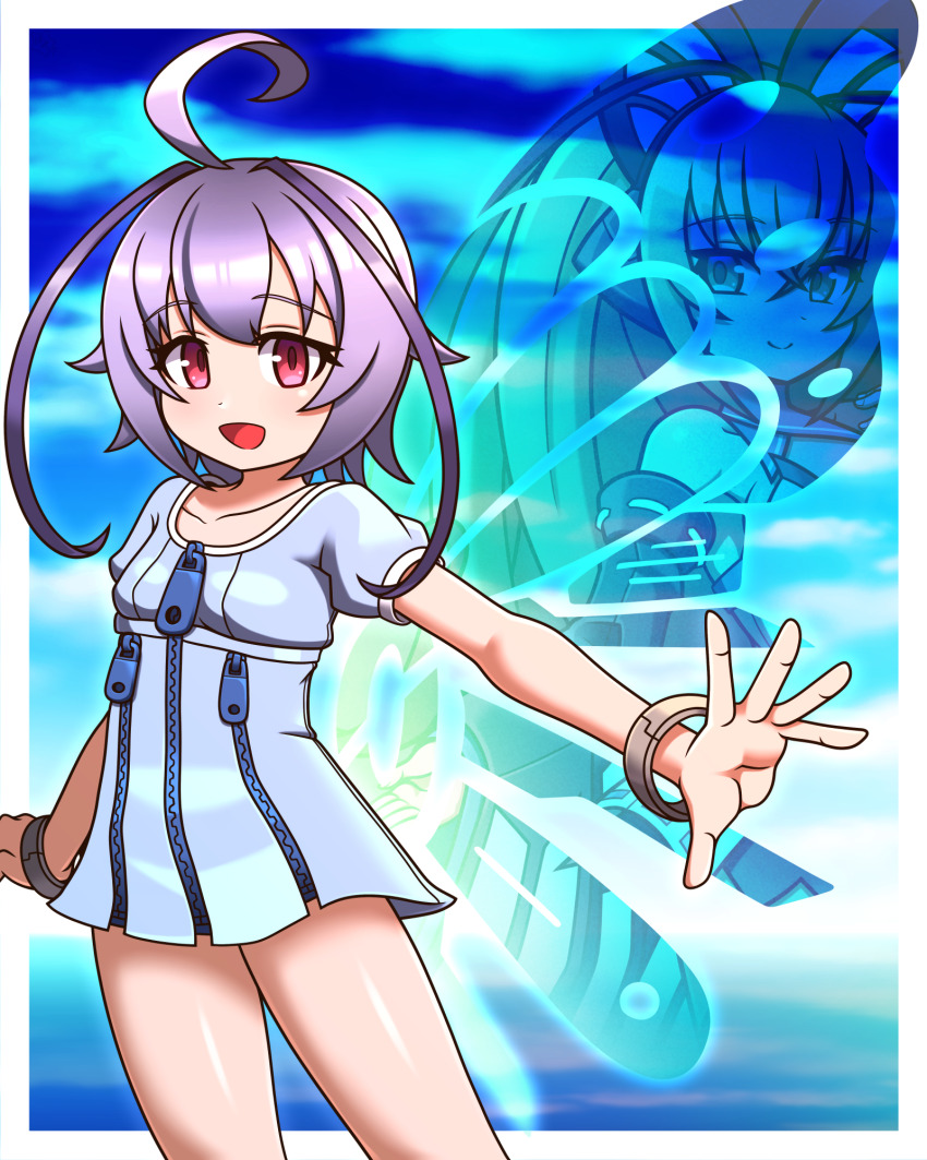 2girls, ahoge, antenna_hair, azure_striker_gunvolt, azure_striker_gunvolt_1, blue_dress, blurry, blurry_background, border, butterfly_wings, collarbone, cowboy_shot, dress, energy_wings, highres, insect_wings, joule_(gunvolt), lumen_(gunvolt), magonzuhamiti, multiple_girls, purple_eyes, purple_hair, short_dress, short_hair, sky, white_border, wings