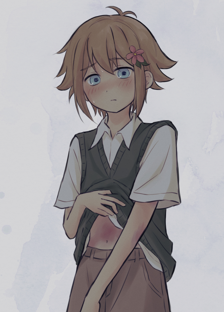 1boy, antenna_hair, basil_(faraway)_(omori), basil_(omori), blonde_hair, blue_eyes, brown_shorts, closed_mouth