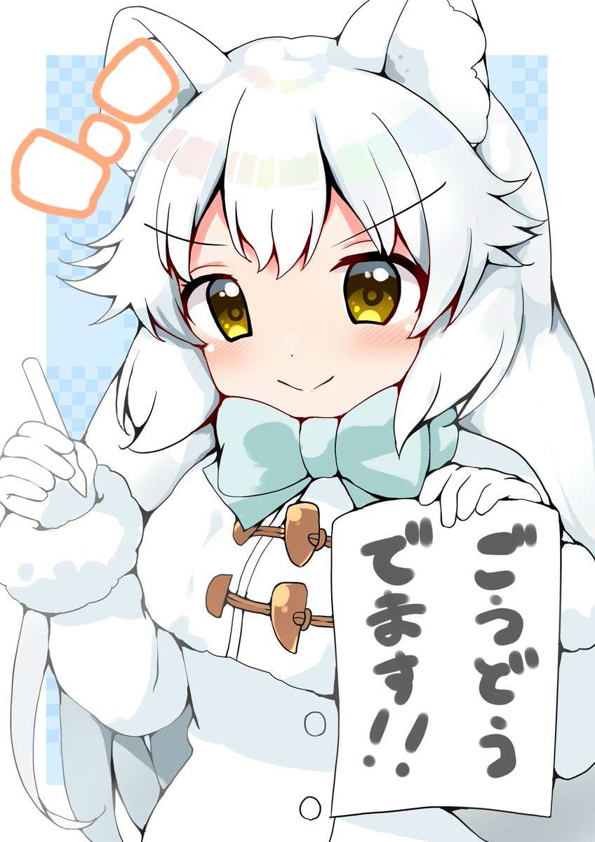 1girl, animal_ears, arctic_fox_(kemono_friends), blue_bow, blue_bowtie, blush, bow, bowtie