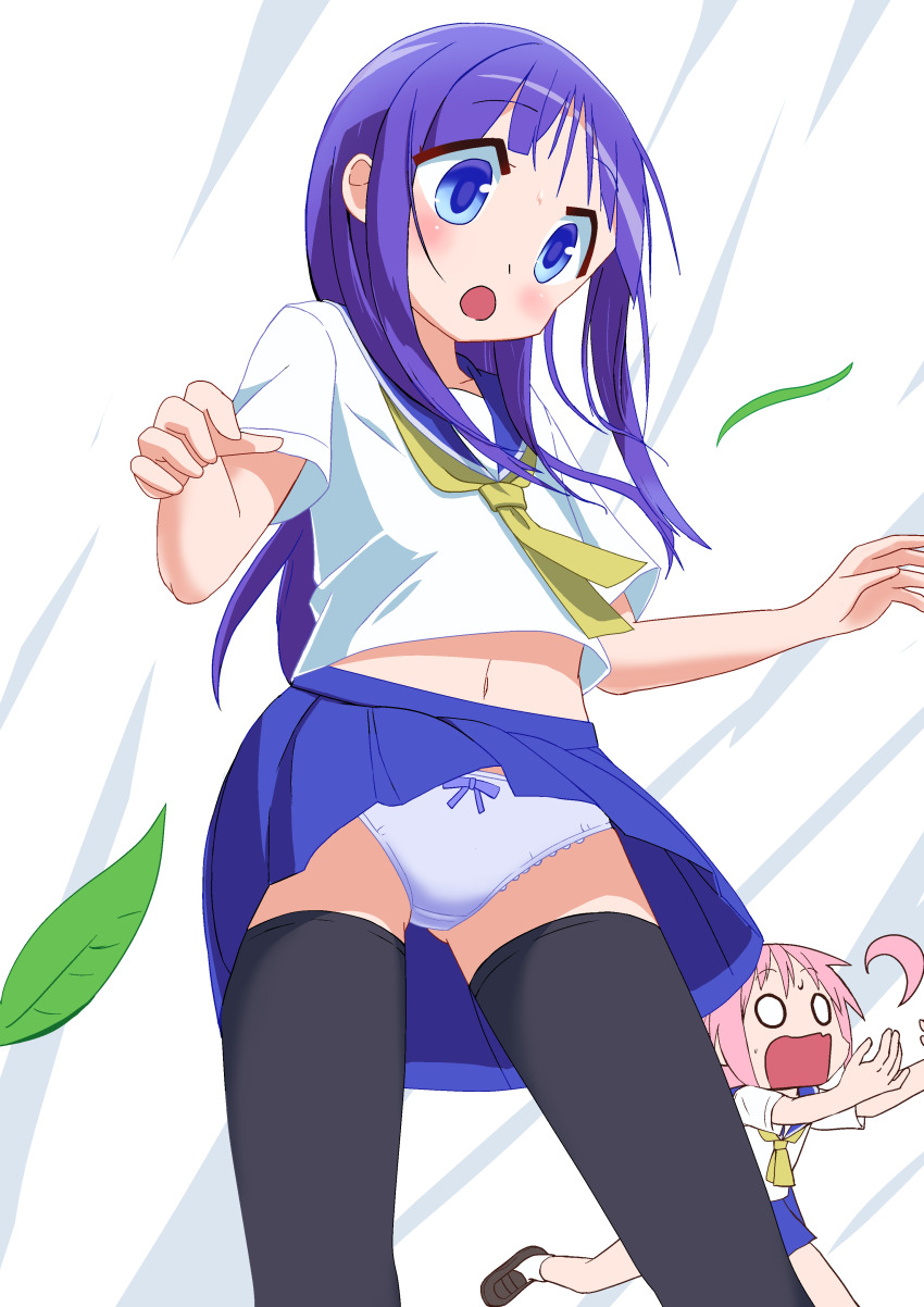 0_0, 2girls, absurdres, black_shoes, black_thighhighs, blue_eyes, blue_sailor_collar, blue_skirt