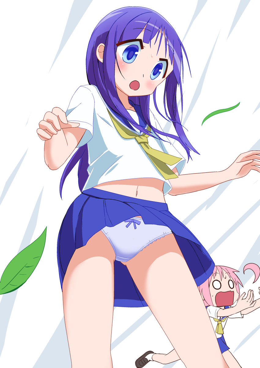 0_0, 2girls, absurdres, black_shoes, blue_eyes, blue_sailor_collar, blue_skirt, bow