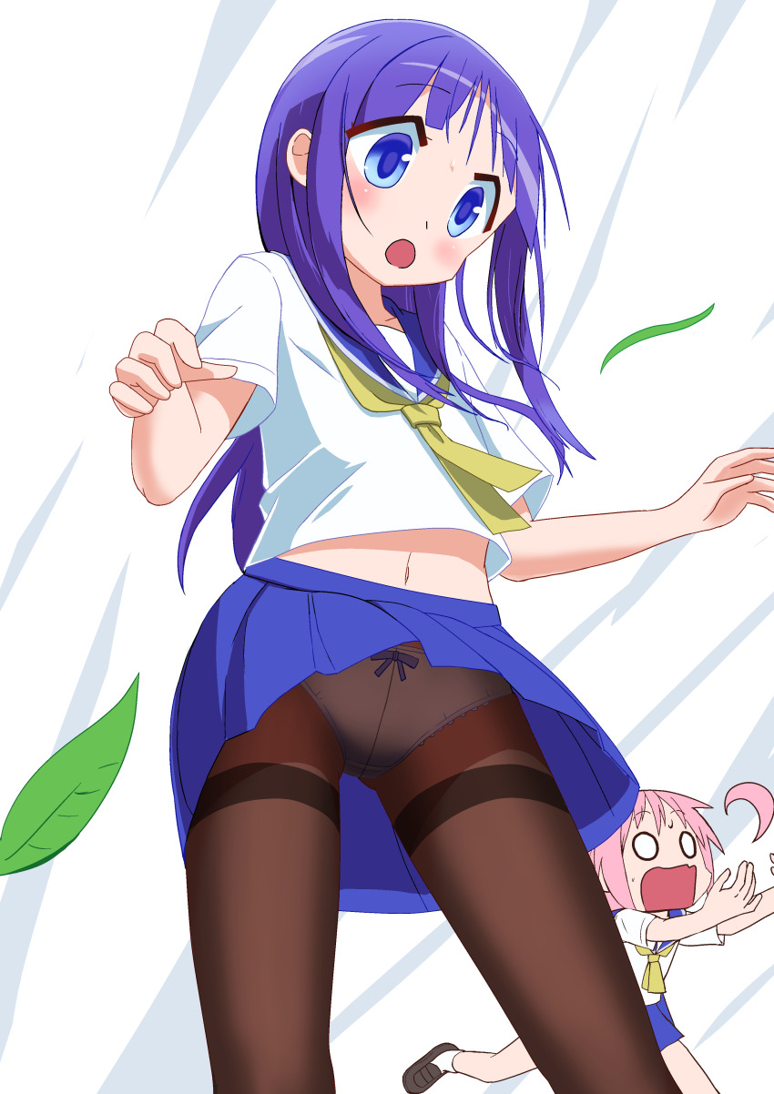 0_0, 2girls, absurdres, black_pantyhose, black_shoes, blue_eyes, blue_sailor_collar, blue_skirt