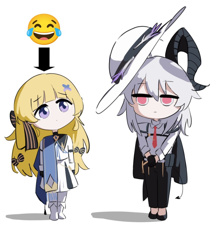 2girls, black_bow, black_gloves, black_horns, black_jacket, black_pants, black_shoes, black_tail