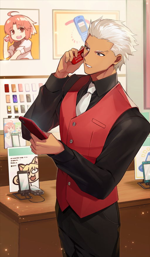 1boy, archer_(fate), archer_(mister_red_gadget)_(fate), black_pants, black_shirt, buttons, cellphone, collared_shirt, commentary_request, cowboy_shot, dark-skinned_male, dark_skin, fate/grand_order, fate_(series), flip_phone, grey_eyes, hair_slicked_back, hibino_hibiki, holding, holding_phone, indoors, katsuragi_chikagi, keitai-san, light_particles, long_sleeves, mahou_tsukai_no_hako, male_focus, necktie, neco-arc, odoru_dragon_castle!, official_art, pants, phone, red_vest, shirt, short_hair, smartphone, solo, standing, talking_on_phone, third-party_source, v-shaped_eyebrows, vest, waistcoat, white_hair, white_necktie, wing_collar