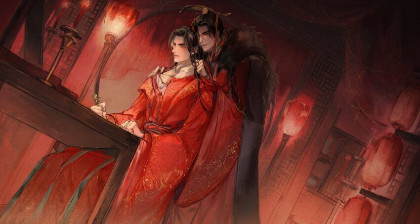2boys, absurdres, adam's_apple, baku-jo_yado, black_cloak, black_hair, black_hat, brown_eyes, candle, candlestand, chinese_clothes, chinese_commentary, chinese_wedding, chu_wanning, clenched_hands, cloak, cowboy_shot, erha_he_ta_de_bai_mao_shizun, fur-trimmed_cloak, fur_trim, hair_ornament, hairpin, hanfu, hat, highres, holding_hairpin, indoors, lantern, long_hair, long_sleeves, male_focus, mo_ran, multiple_boys, parted_lips, purple_eyes, red_hanfu, red_sash, sash, sitting, smile, table, taxian-jun, undressing_another, wide_sleeves, xiao_guan_(headdress), yaoi, yuanlingpao