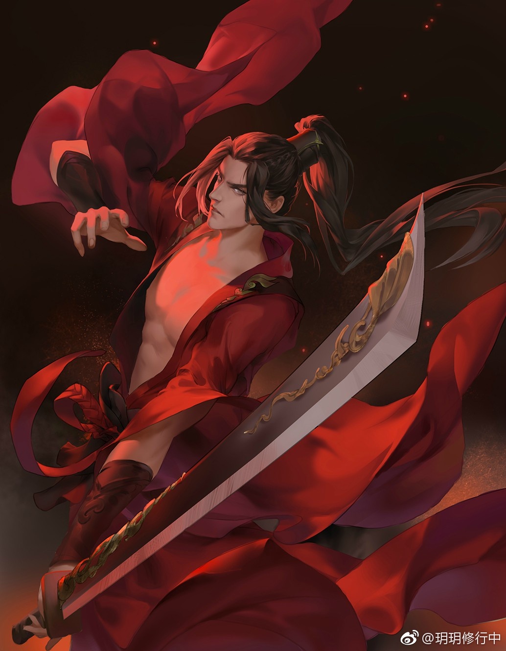 1boy, bare_pectorals, black_hair, black_sash, blurry, brown_eyes, chinese_clothes, chinese_commentary