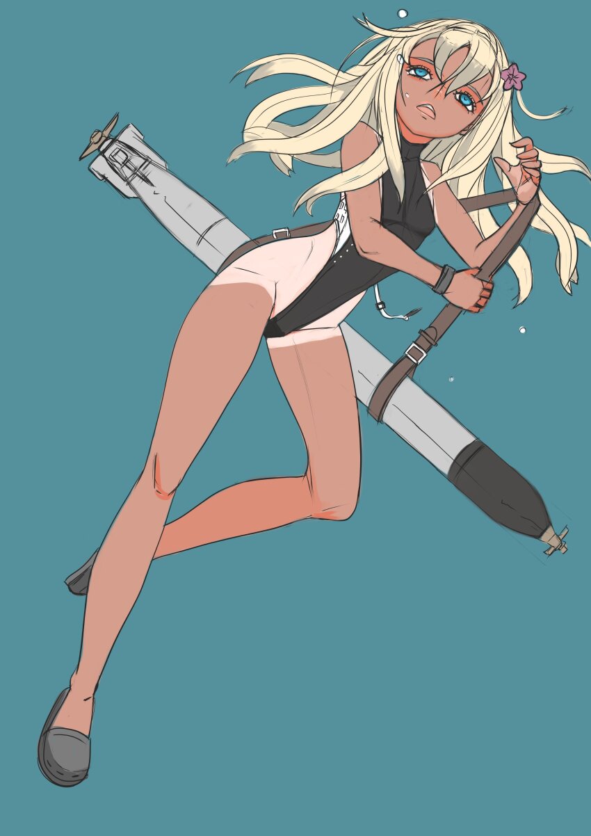 1girl, absurdres, atm87, black_one-piece_swimsuit, blonde_hair, blue_background, blue_eyes, cosplay, crocs, flower, groin, groin_tendon, hair_flower, hair_ornament, highleg, highleg_one-piece_swimsuit, highres, kantai_collection, multicolored_swimsuit, one-piece_swimsuit, one-piece_tan, ro-500_(kancolle), scamp_(kancolle), scamp_(kancolle)_(cosplay), simple_background, swimsuit, tan, tanline, torpedo, two-tone_swimsuit, underwater, wahoo_(kancolle), wahoo_(kancolle)_(cosplay)