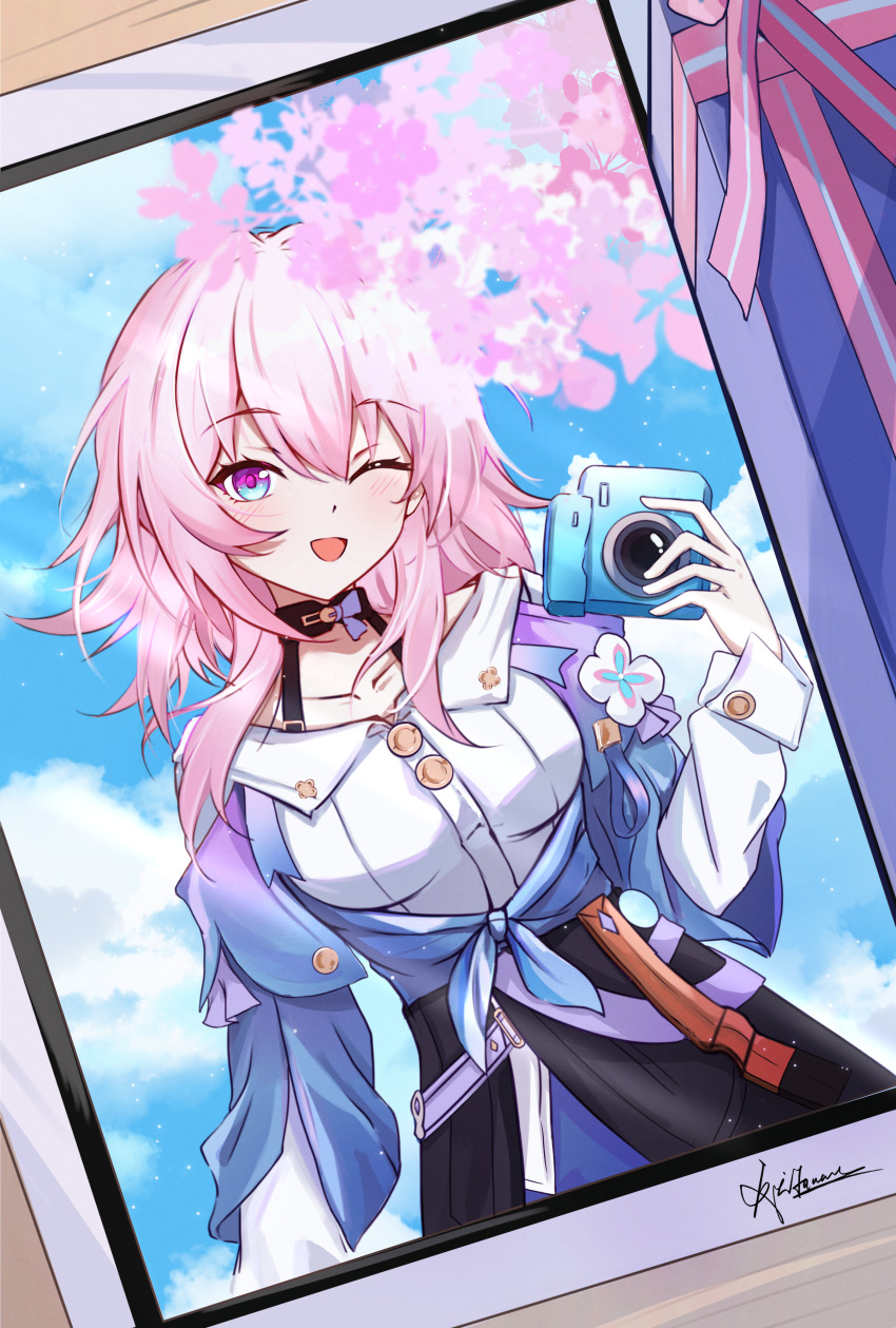 1girl, absurdres, black_choker, black_overskirt, blue_eyes, blue_jacket, blue_skirt, blue_sky