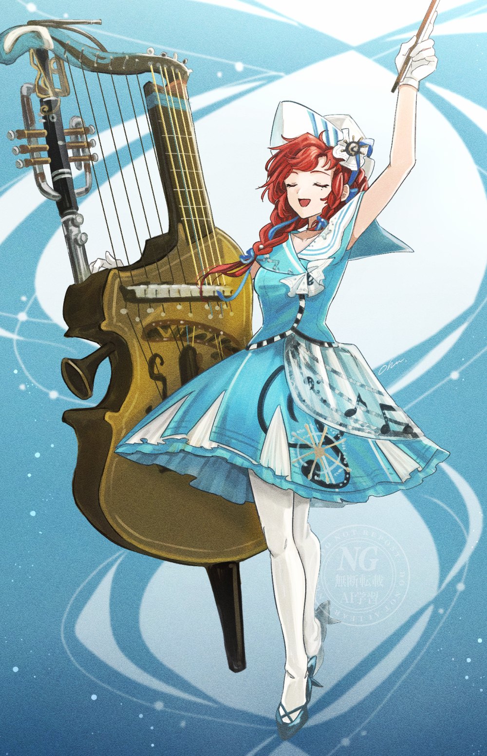 1girl, arm_up, barcarola_(reverse:1999), beamed_eighth_notes, blue_background, blue_shirt, blue_shoes, blue_skirt, bow_(music), closed_eyes, crackling_box_(reverse:1999), cropped, dixie_cup_hat, eighth_note, full_body, gloves, hand_up, hat, highres, holding, holding_bow_(music), instrument, long_braid, long_hair, military_hat, miniskirt, mole, mole_under_eye, musical_note, musical_note_print, ohuman, open_mouth, pantyhose, print_skirt, reverse:1999, sailor_collar, shirt, shoes, skirt, sleeveless, sleeveless_shirt, smile, solo, standing, treble_clef, watermark, white_gloves, white_hat, white_pantyhose