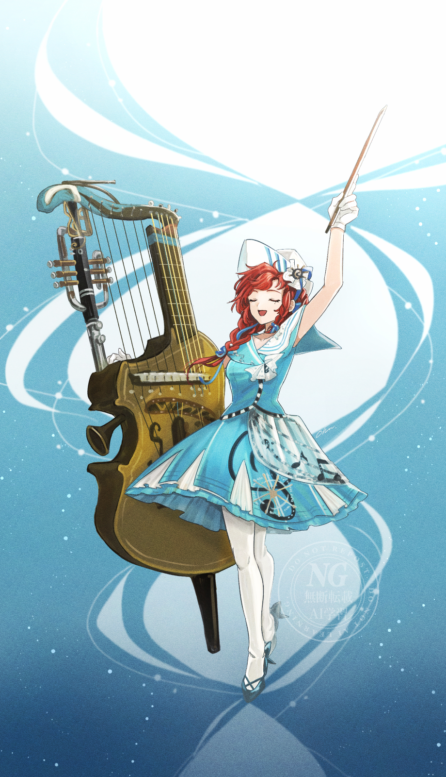 1girl, arm_up, barcarola_(reverse:1999), beamed_eighth_notes, blue_background, blue_shirt, blue_shoes, blue_skirt