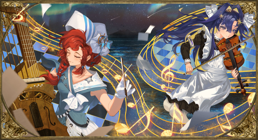 2girls, absurdres, apron, aurora, barcarola_(reverse:1999), black_dress, black_hairband, blonde_hair