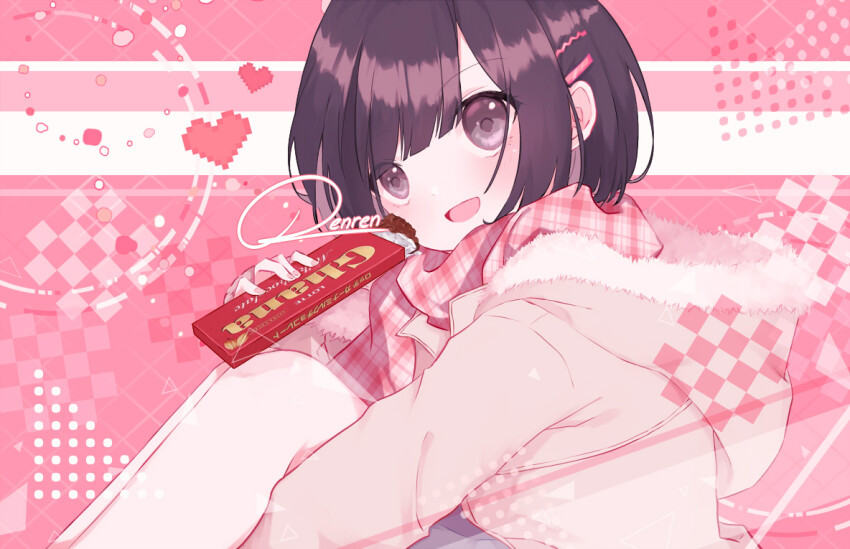 1girl, blunt_bangs, brown_hair, candy, chocolate, chocolate_bar, eating, feet_out_of_frame