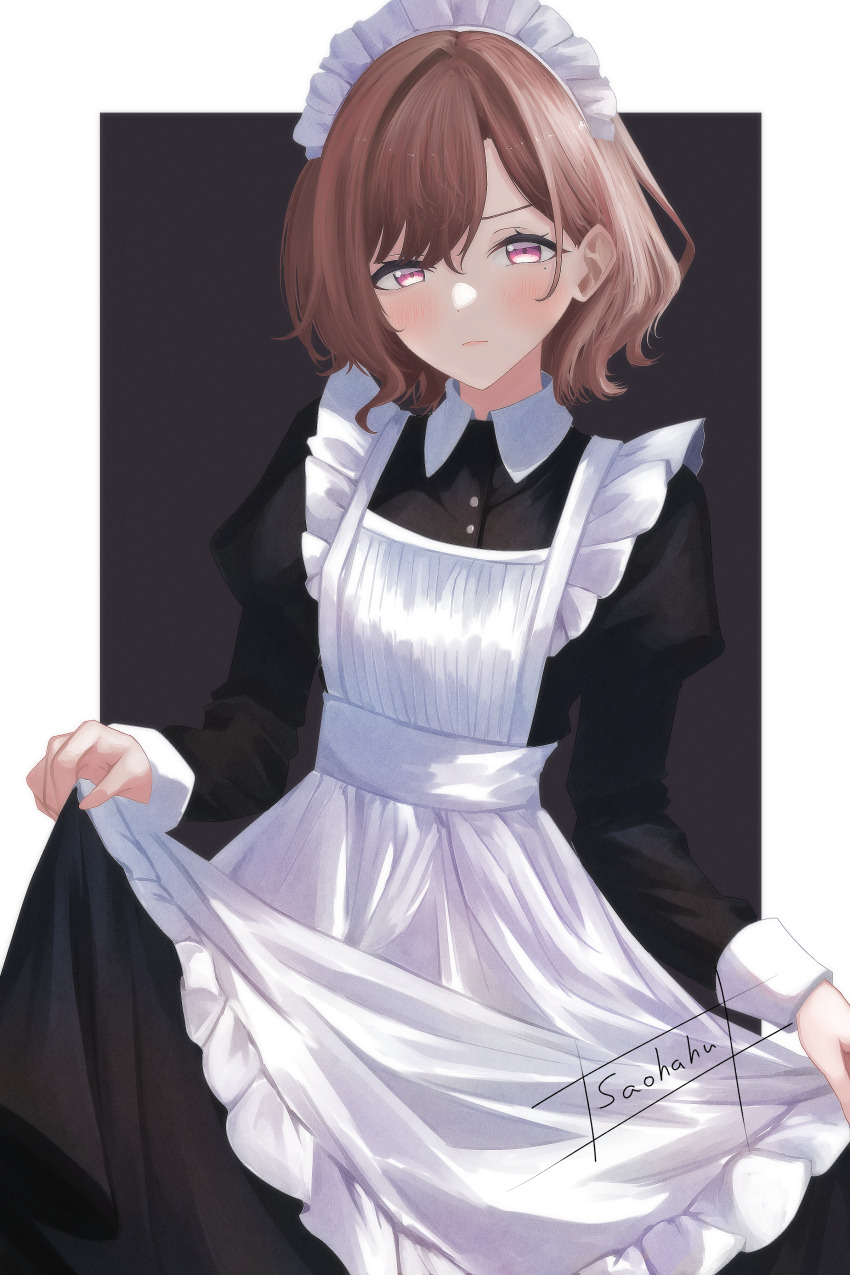 1girl, absurdres, apron, asymmetrical_bangs, black_background, black_dress, blush, border