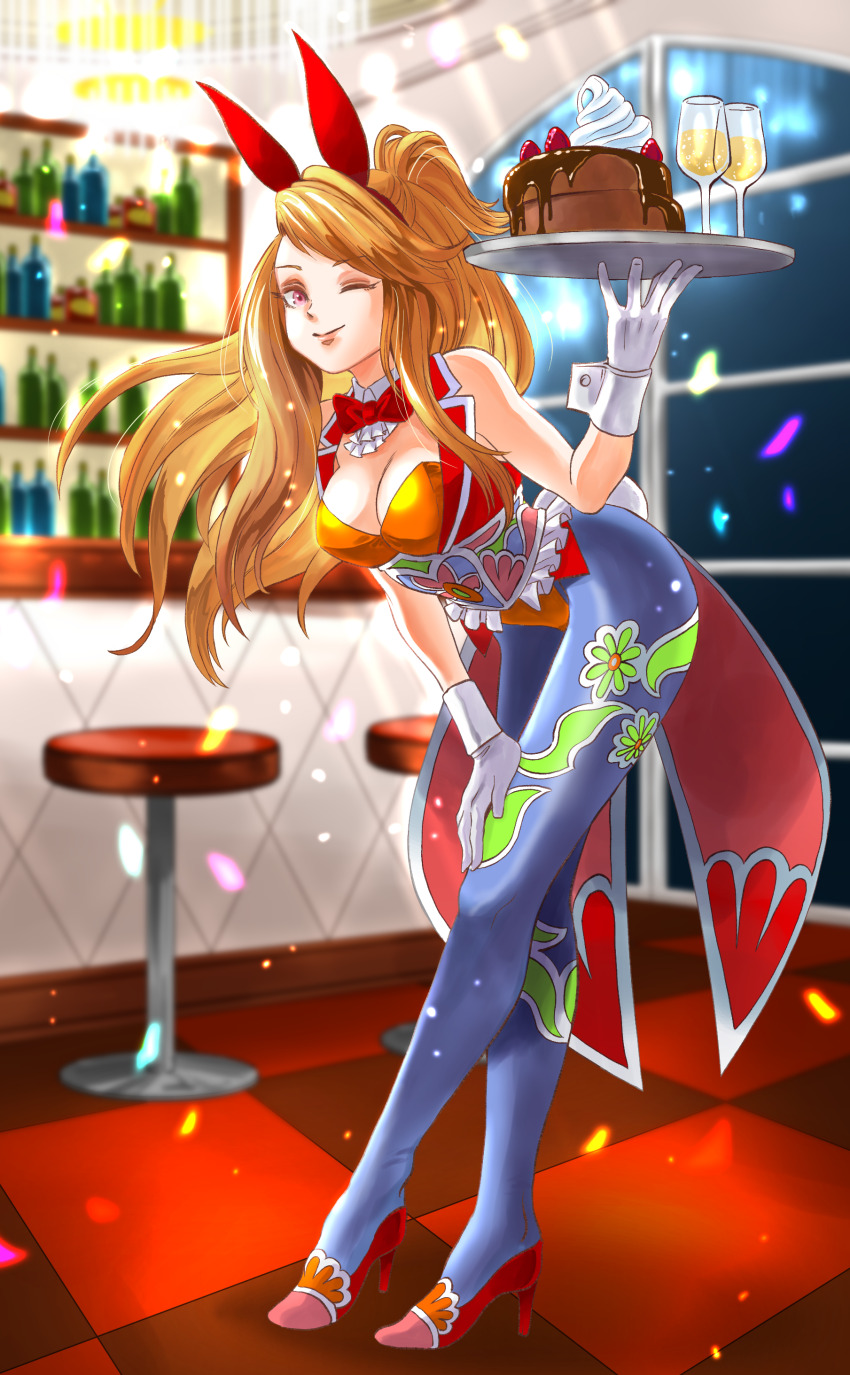 1girl, absurdres, animal_ears, blonde_hair, bottle, breasts, cake, cleavage, closed_mouth, elizabeth_(saga), fake_animal_ears, food, full_body, gloves, high_heels, highres, long_hair, looking_at_viewer, official_art, one_eye_closed, pantyhose, romancing_saga_re;universe, saga, smile, solo, white_gloves, wine_bottle, yusaku_kon
