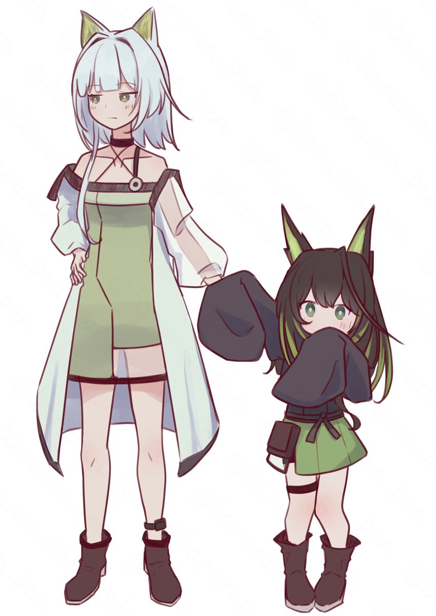 2girls, absurdres, aged_down, animal_ears, ankle_boots, arknights, asymmetrical_sleeves, bare_shoulders