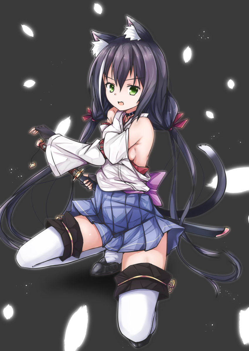 absurdres, animal_ears, black_gloves, black_hair, breasts, cat_ears, cat_girl, cat_tail
