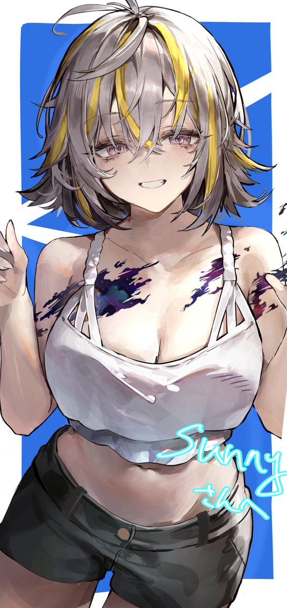 1girl, black_shorts, blonde_hair, breasts, character_name, cleavage, collarbone, crop_top