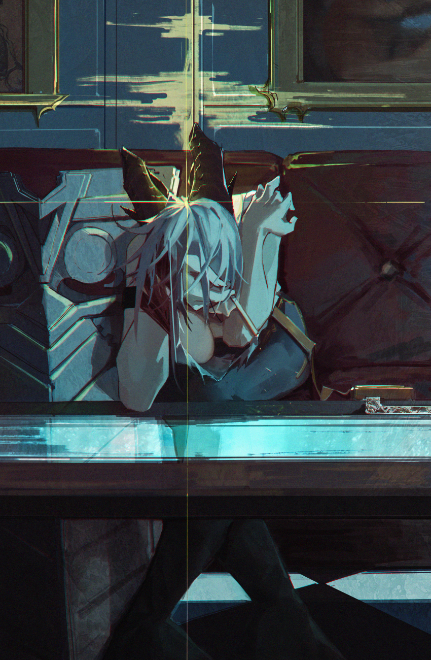 1girl, absurdres, arm_strap, black_horns, black_pants, breasts, cleavage, commentary