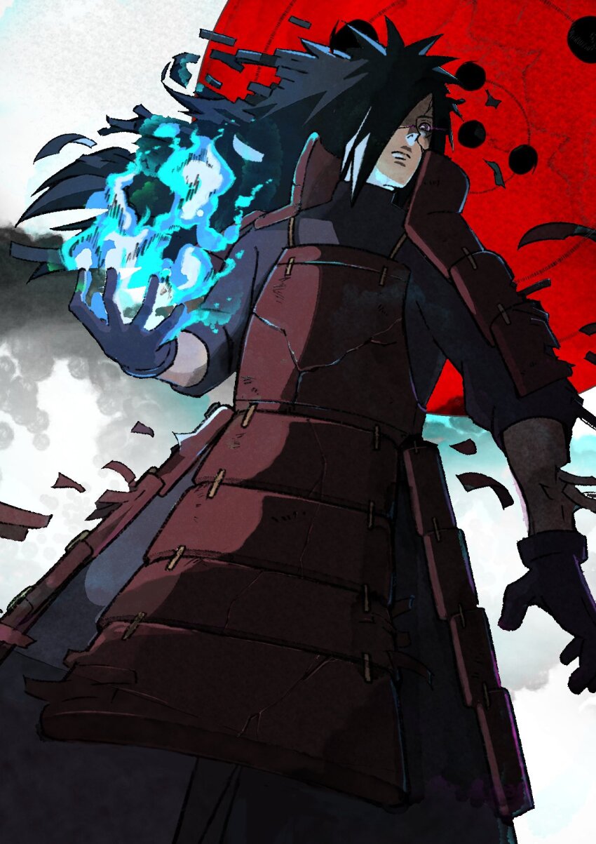 armor, black_hair, blue_fire, closed_mouth, commentary, fire, from_below, frown, full_moon, gloves, highres, hori100509, long_hair, mangekyou_sharingan, moon, naruto_(classic), naruto_(series), naruto_shippuuden, red_armor, rinne_sharingan, rinnegan, shadow, sharingan, spiked_hair, uchiha_madara, uchiha_symbol, undead