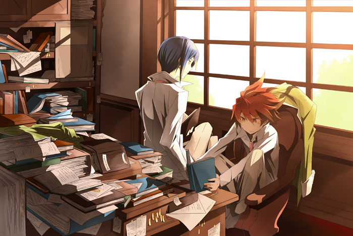 10s, 2boys, bad_id, bad_pixiv_id, blouse, blue_hair, book, hakumai_(jamaika)