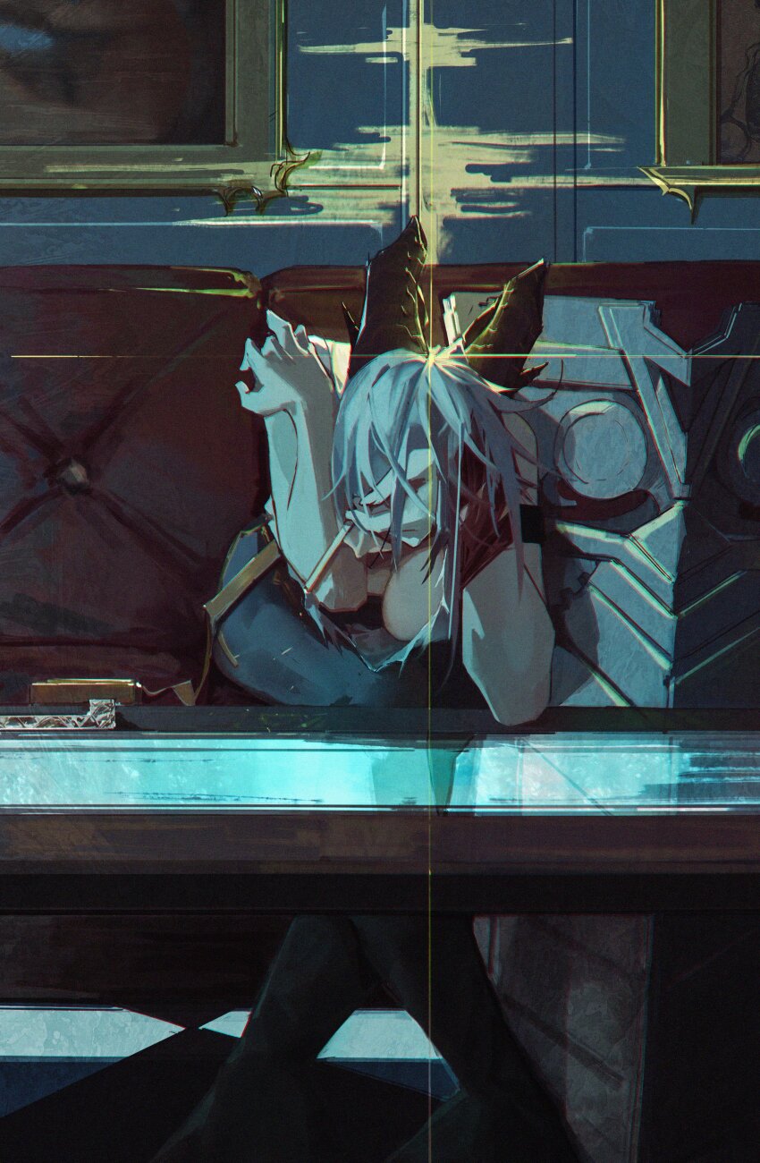 1girl, absurdres, arm_strap, black_horns, black_pants, breasts, cleavage, commentary