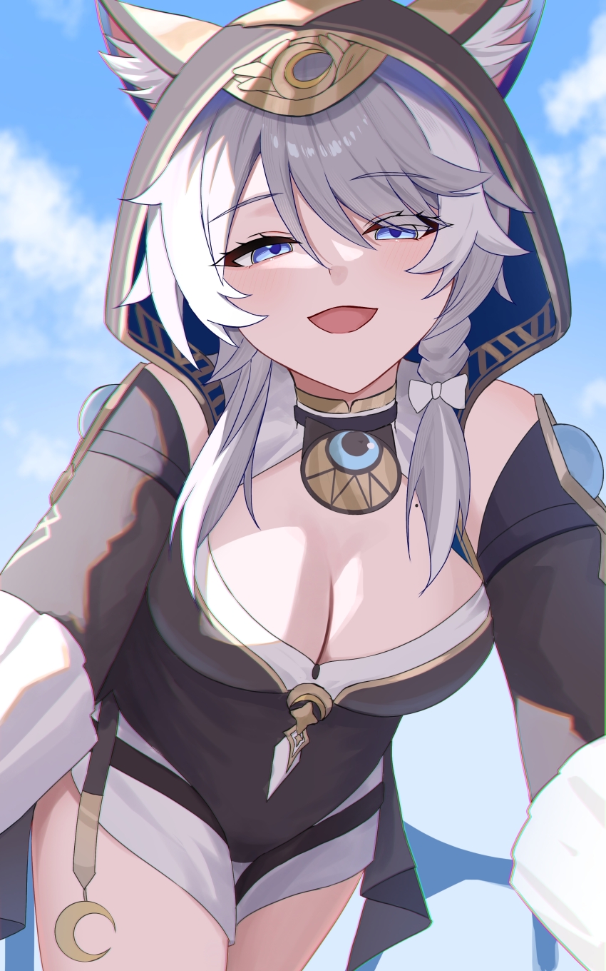 1girl, absurdres, anima_miko, animal_ears, animal_hood, blue_eyes, blue_sky, breasts