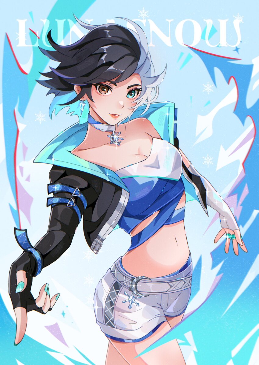 1girl, bclarissart, black_hair, black_jacket, blue_eyes, breasts, choker, crop_top, fingerless_gloves, gloves, heterochromia, highres, jacket, looking_at_viewer, luna_snow, marvel, marvel_rivals, midriff, multicolored_hair, navel, short_hair, shorts, smile, solo, split-color_hair, two-tone_hair, white_hair
