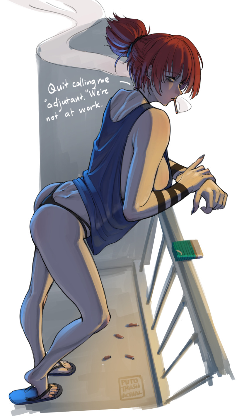 1girl, absurdres, artist_name, ass, black_panties, blue_tank_top, breasts, cigarette, cigarette_butt, cigarette_pack, commentary, english_commentary, english_text, flip-flops, full_body, girls'_frontline, girls'_frontline_2:_exilium, green_eyes, highres, lentine_(girls'_frontline_2), looking_at_viewer, mole, mole_under_eye, newport_(cigarette), panties, puto_trash, railing, red_hair, sandals, short_hair, sideboob, smoking, solo, string_panties, tank_top, underwear