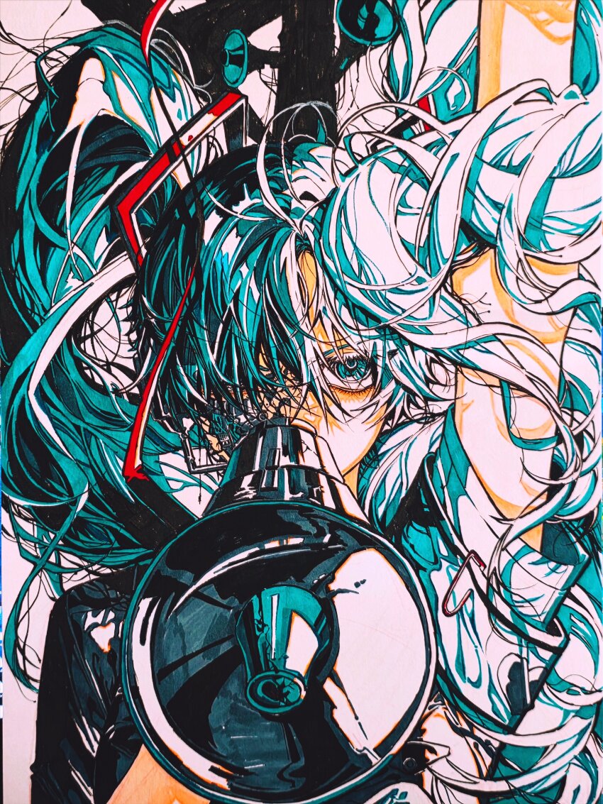 1girl, absurdres, aqua_eyes, aqua_hair, arm_up, black_shirt, commentary_request, covered_mouth